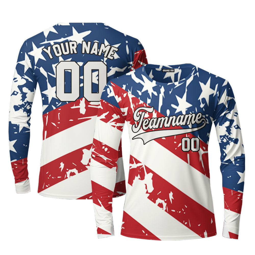 American Flag White Red Custom Long Sleeve T-Shirt For Men & Women