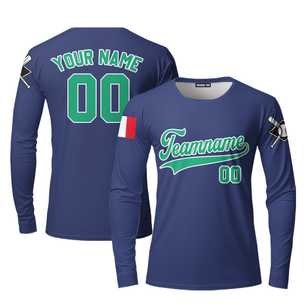 Italia Blue White Black Custom Long Sleeve T-Shirt For Men & Women