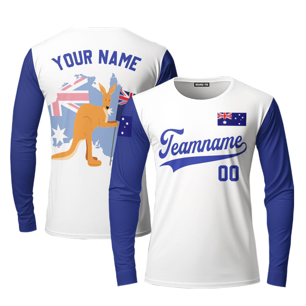 Australian Flag Kangaroo White Blue Custom Long Sleeve T-Shirt For Men & Women