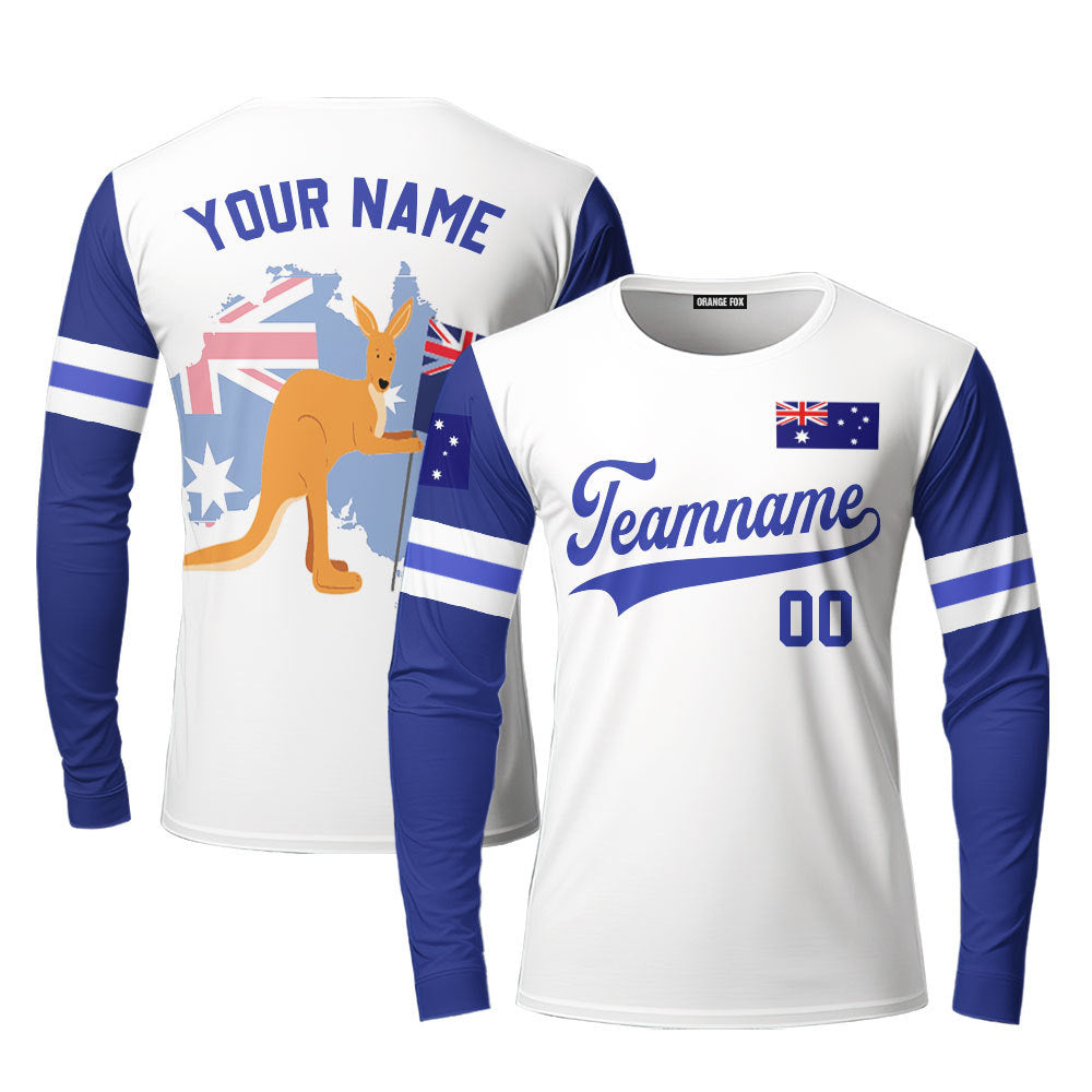 Australian Flag Kangaroo White Blue Custom Long Sleeve T-Shirt For Men & Women