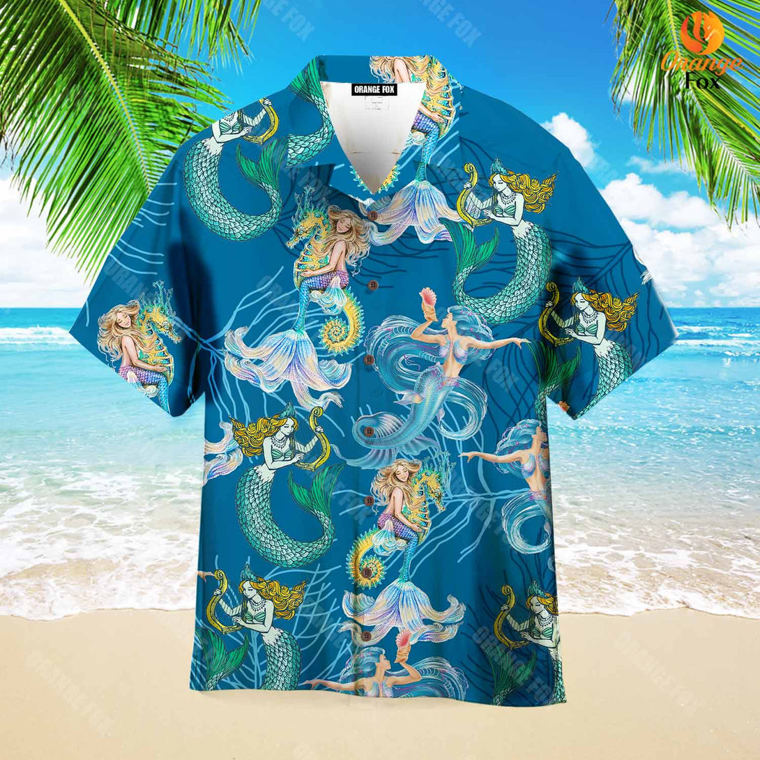 Lovely Mermaid Sea Horse Coral Reef Hawaiian Shirt For Men & Women