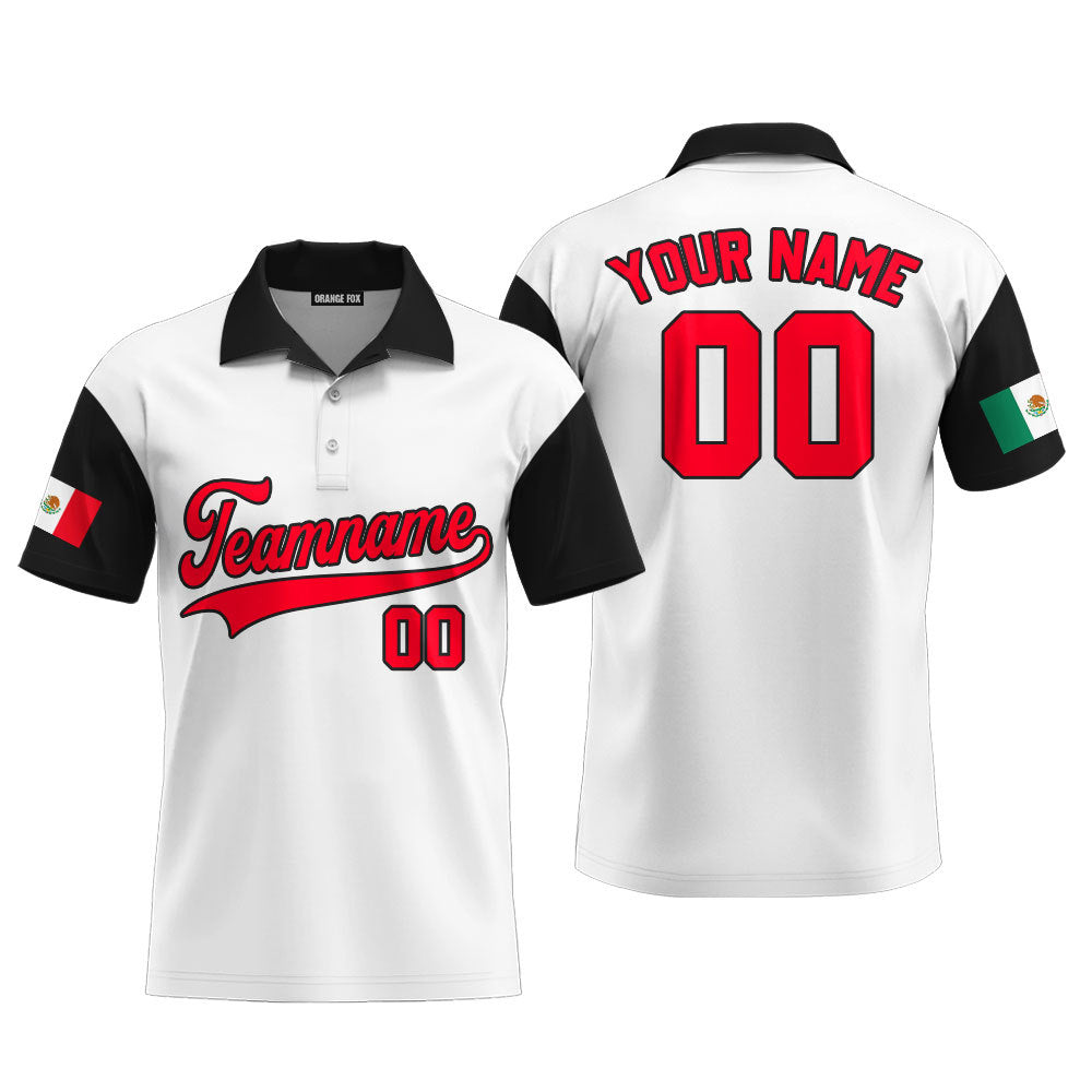 Mexico White Black Red Black Custom Polo Shirt For Men