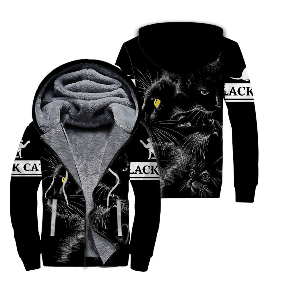 Mystic Black Cat Fleece Zip Hoodie For Men & Women