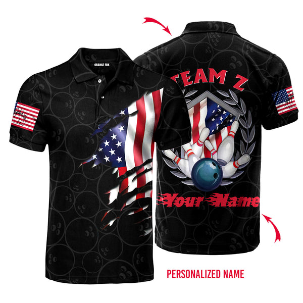 Bowling Team American Flag Custom Name Polo Shirt