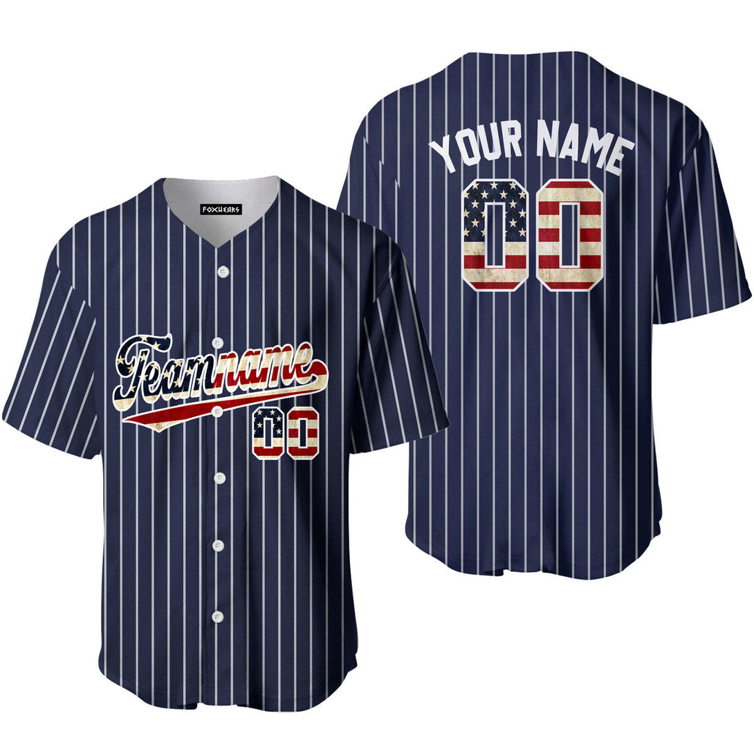 Navy White Pinstripe American Flag White Custom Baseball Jerseys For Men & Women