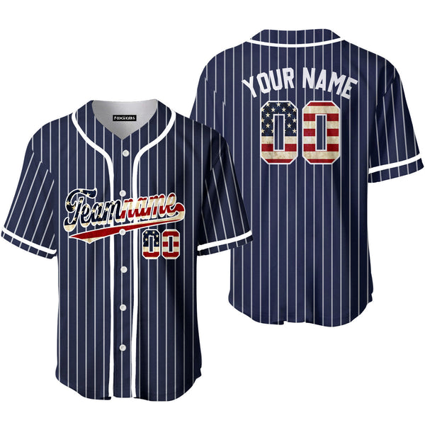 Navy White Pinstripe American Flag White Custom Baseball Jerseys For Men & Women