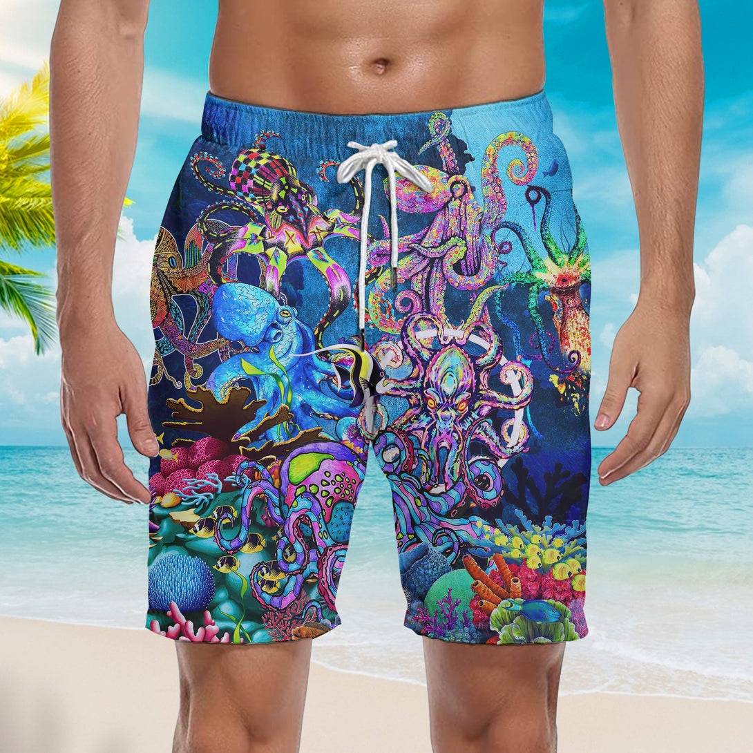 Neon Colorful Octopus In The Deep Ocean Beach Shorts For Men
