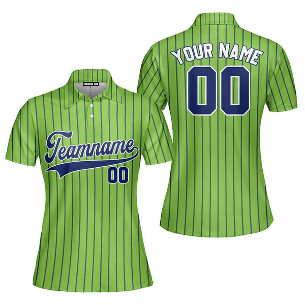 Neon Green Navy Pinstripe White Custom Polo Shirt For Women