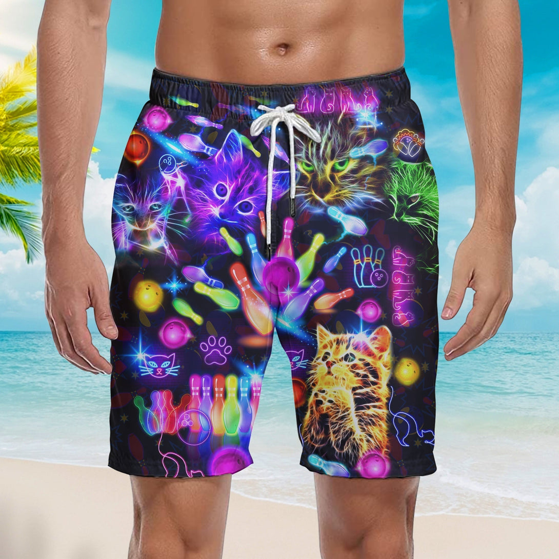 Neon Kitty Play Bowling In The Dark Beach Shorts For Men
