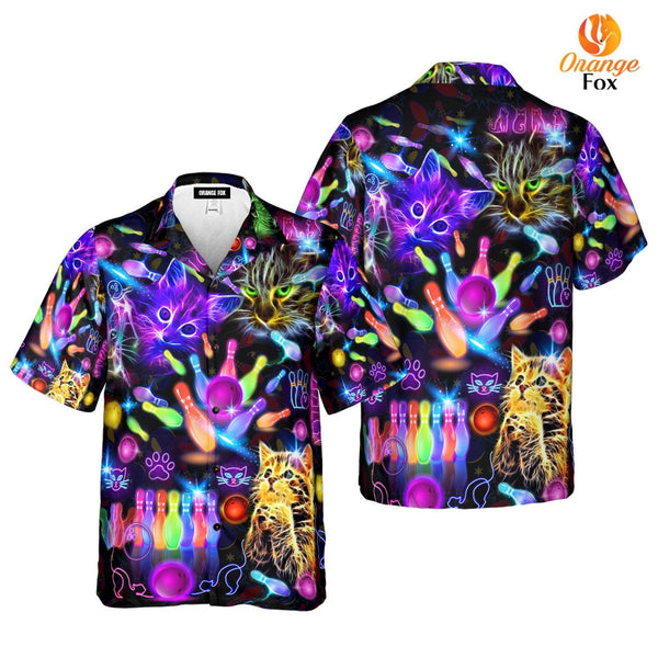 Neon Kitty Play Bowling In The Dark Colorful Hawaiian Shirt For Men & Women