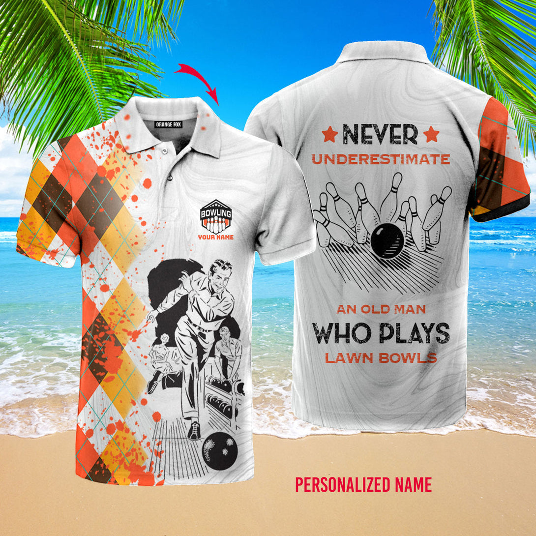 Never Underestimate Old Man Plays Lawn Bowl Orange White Custom Name Polo Shirt For Men & Women PN1796