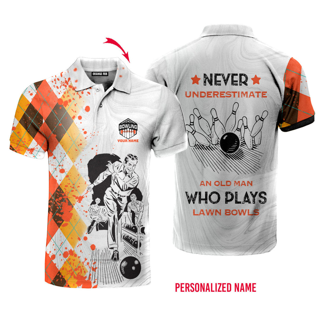 Never Underestimate Old Man Plays Lawn Bowl Orange White Custom Name Polo Shirt For Men & Women PN1796