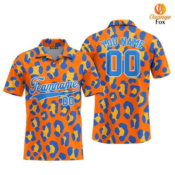 Orange Leopard Pattern Blue White Custom Polo Shirt For Men