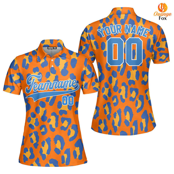 Orange Leopard Pattern Blue White Custom Polo Shirt For Women