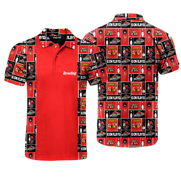 Red Retro Bowling Strike Polo Shirt For Men