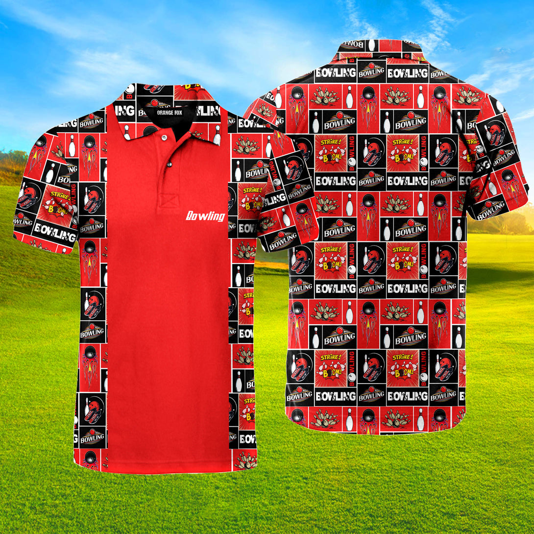 Red Retro Bowling Strike Polo Shirt For Men