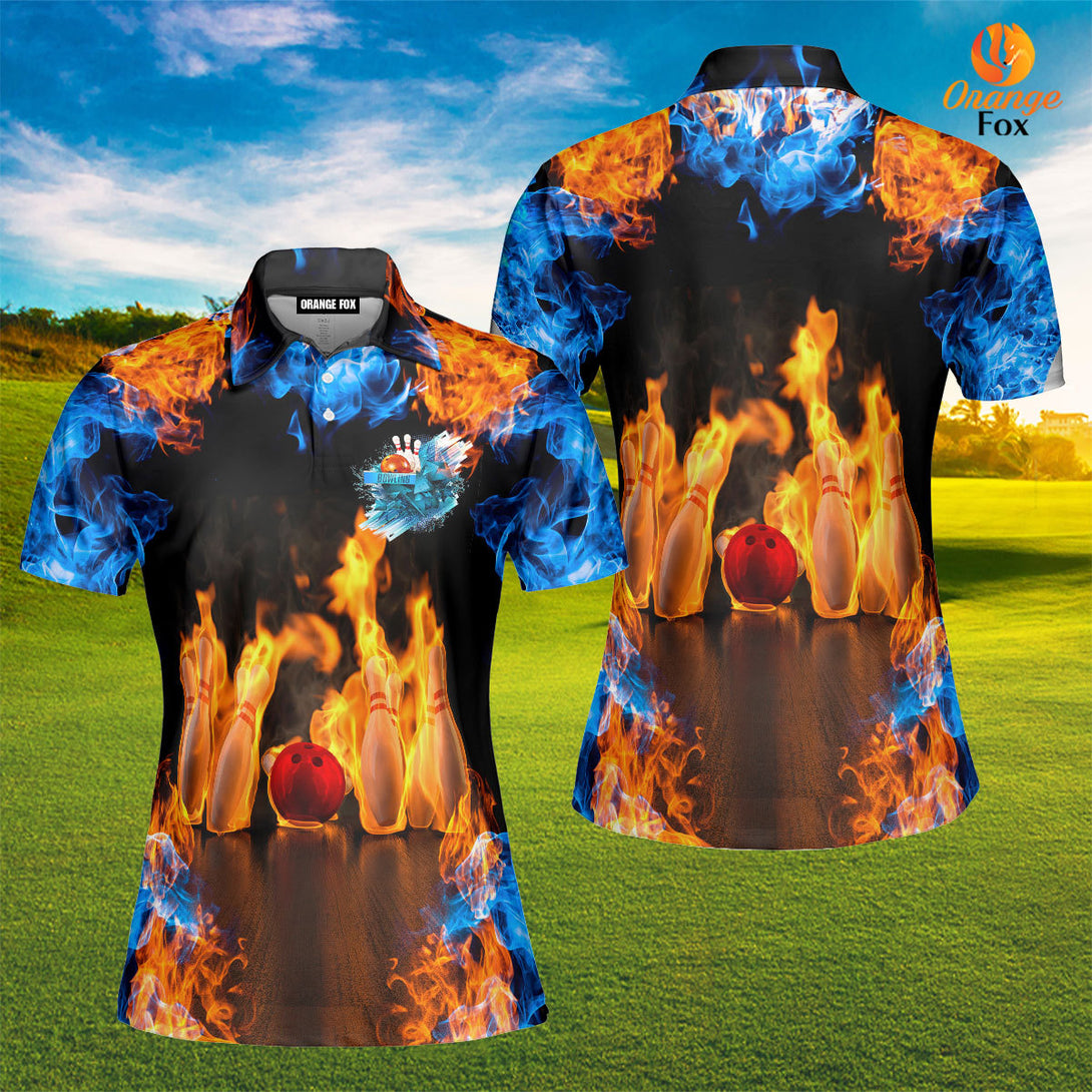 Bowling Ball Pins Blue Fire Polo Shirt For Women