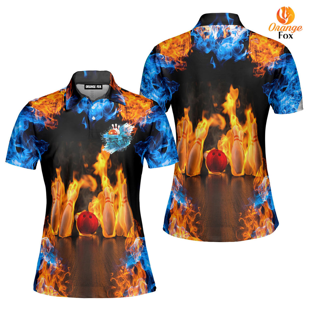 Bowling Ball Pins Blue Fire Polo Shirt For Women