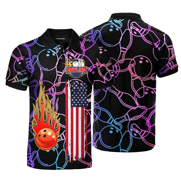 American Flag Fire Bowling Polo Shirt For Men