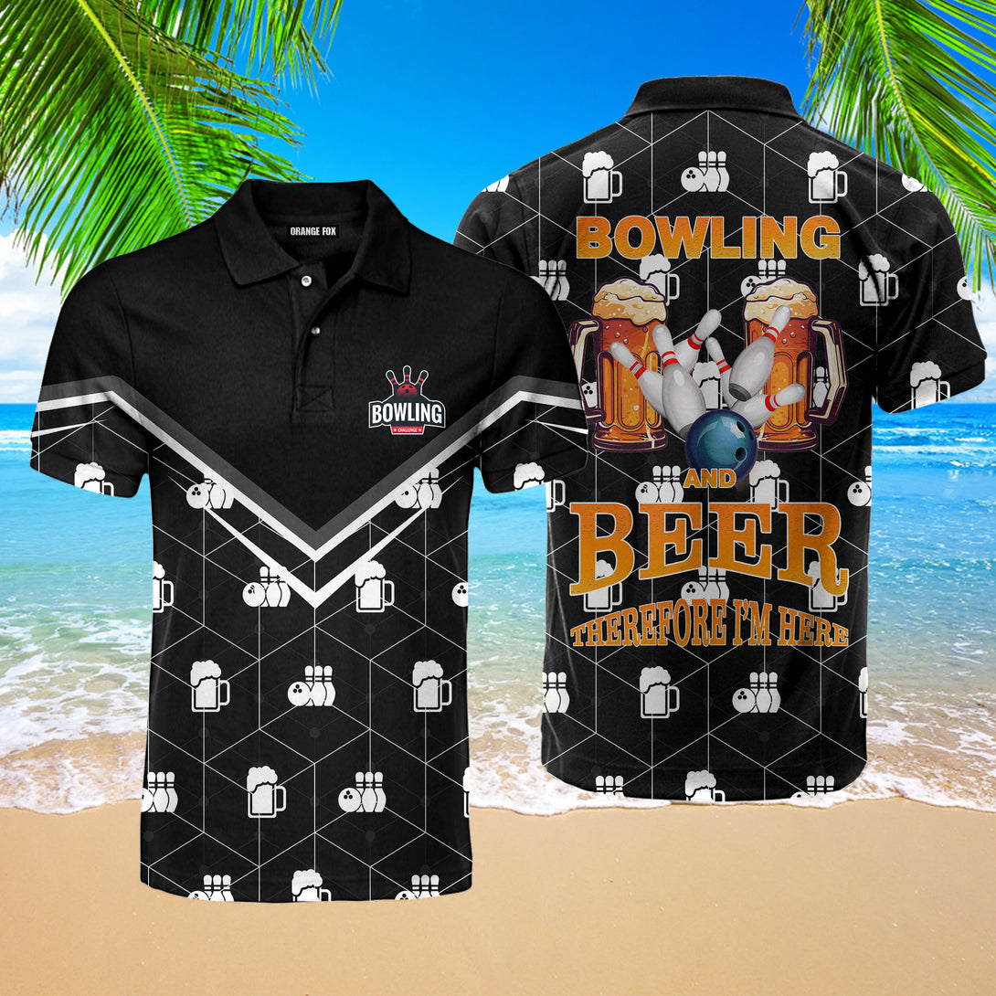 Bowling And Beer Therefore I'm Here Black Polo Shirt For Men PO2474