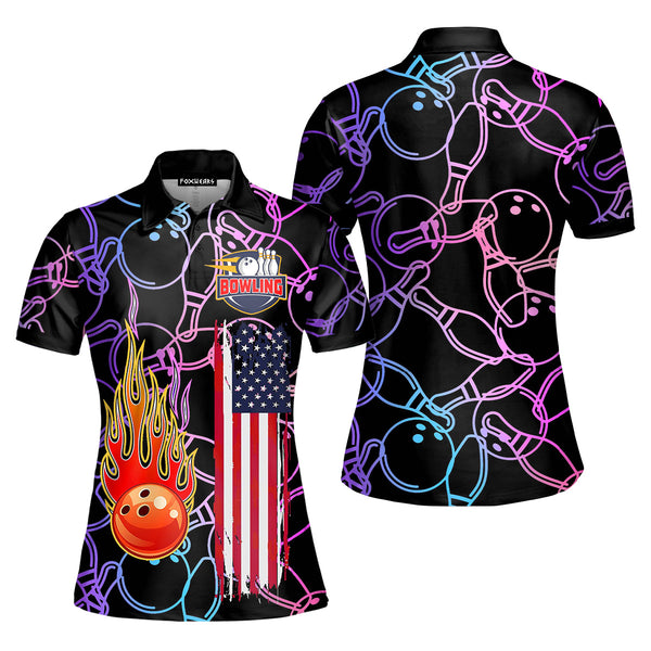 American Flag Fire Bowling Polo Shirt For Women PO5831