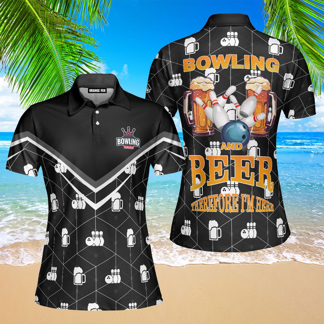 Bowling And Beer Therefore I'm Here Black Polo Shirt For Women PO5851