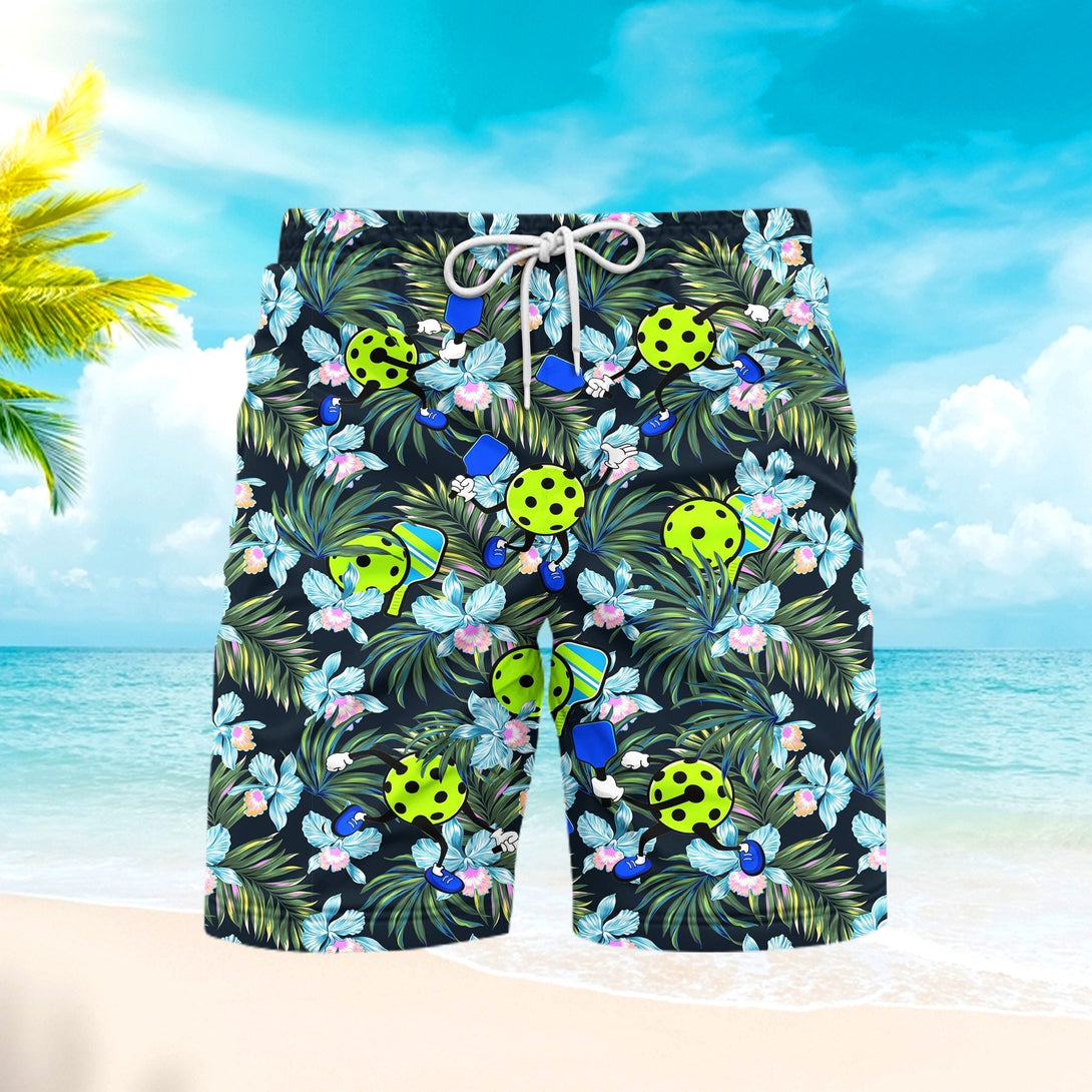 Pickleball And Leaves Pattern Beach Shorts For Men