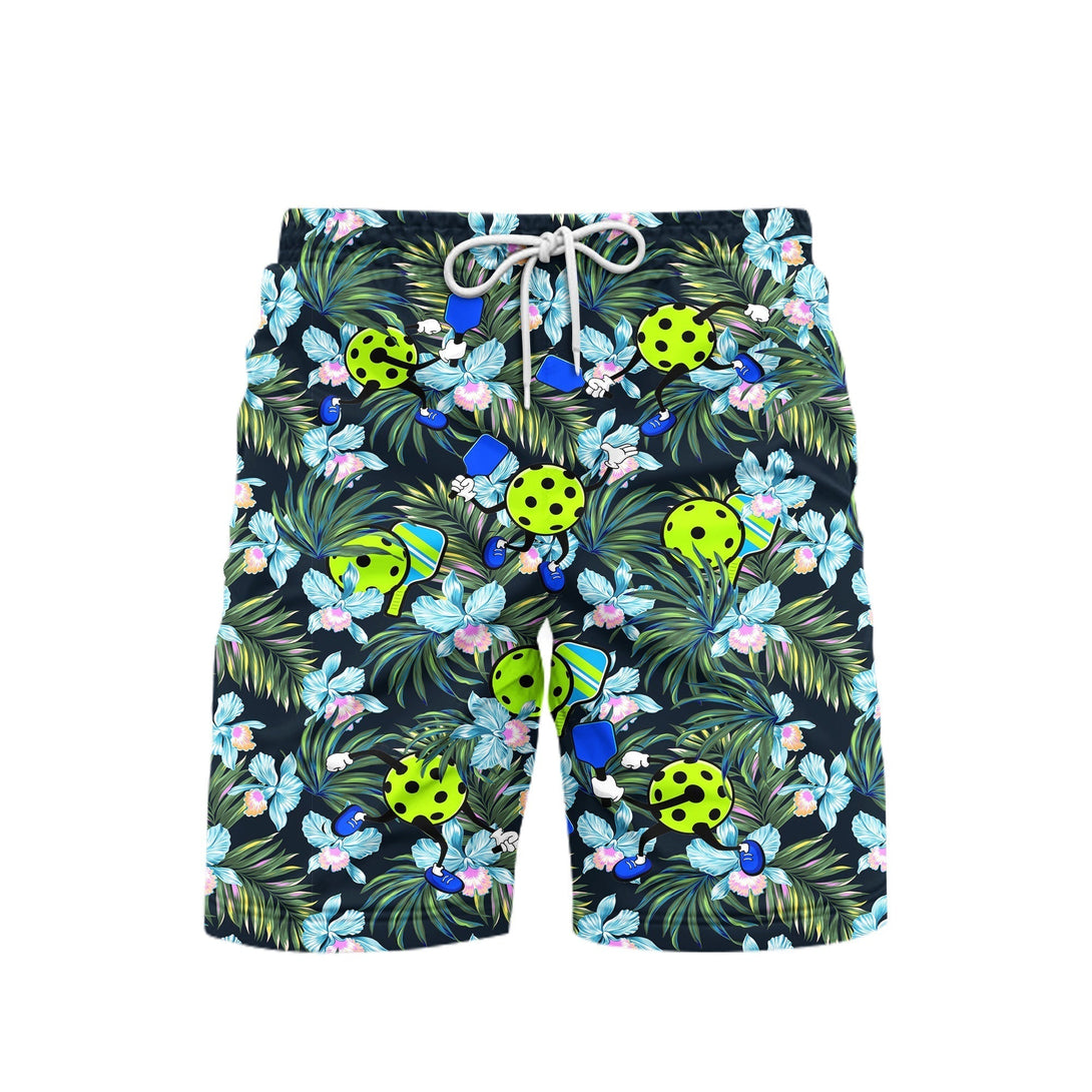 Pickleball And Leaves Pattern Beach Shorts For Men