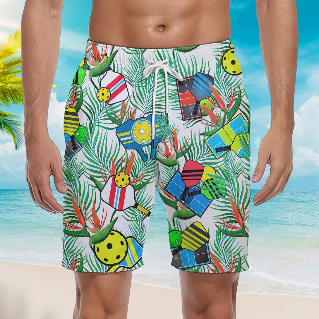 Pickleball And Palm Leaves Tropical Pattern Beach Shorts For Men