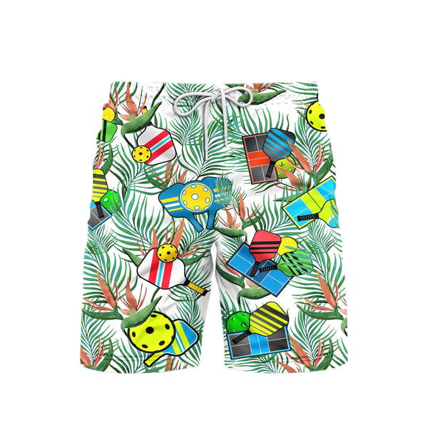 Pickleball And Palm Leaves Tropical Pattern Beach Shorts For Men