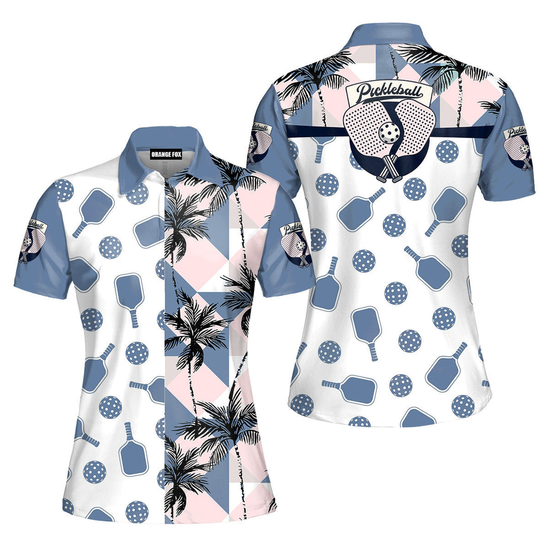 Pickleball Gift For Sport Lovers Tropical White & Blue Polo Shirt For Women