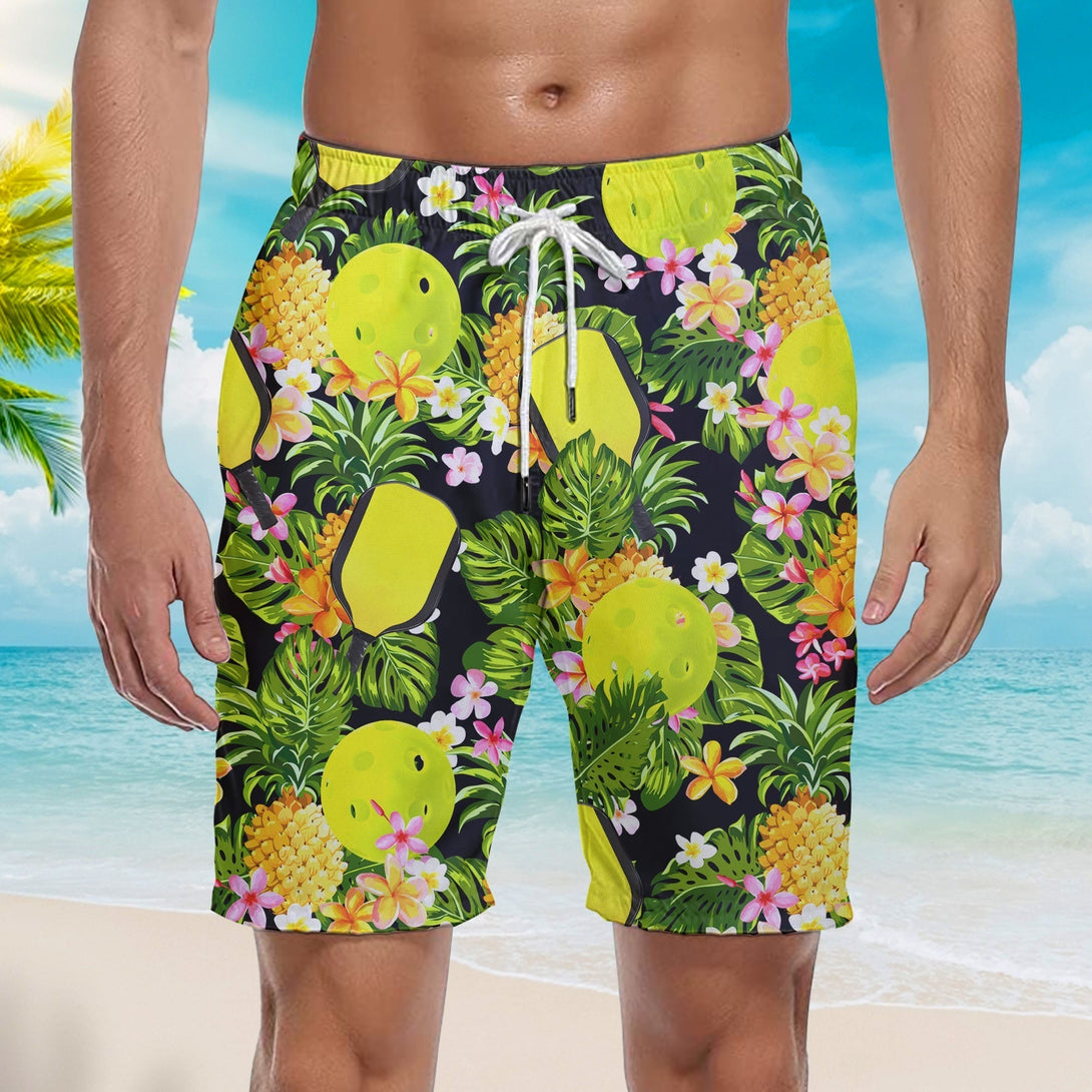 Pickleball Tropical Floral Pattern Beach Shorts For Men