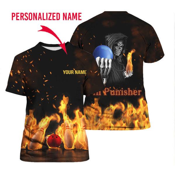 Pin Punisher Bowling Custom Name T-Shirt Over Print For Men & Women