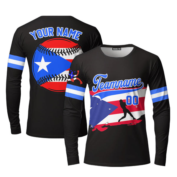 Puerto Rico Baseball Black Blue White Custom Long Sleeve T-Shirt For Men & Women
