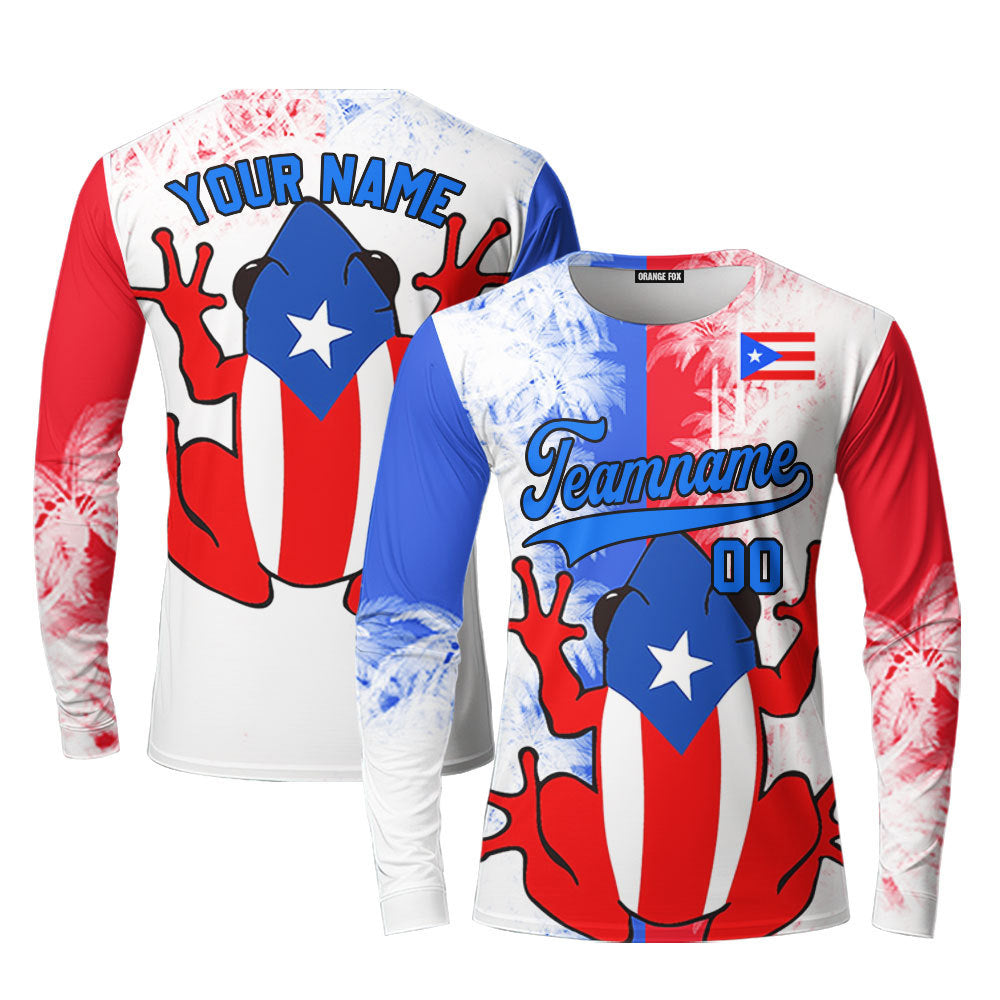 Puerto Rico Flag Frog Blue Red Custom Long Sleeve T-Shirt For Men & Women