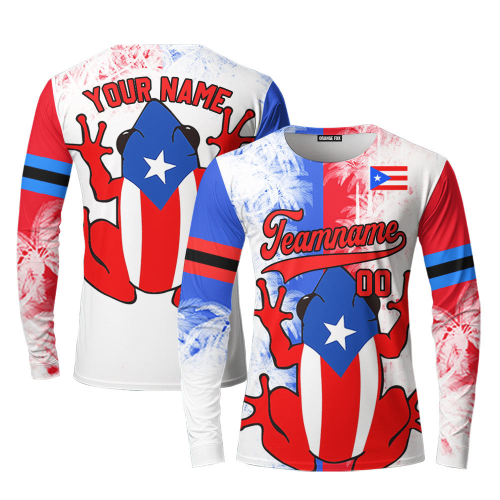 Puerto Rico Flag Frog White Black Custom Long Sleeve T-Shirt For Men & Women