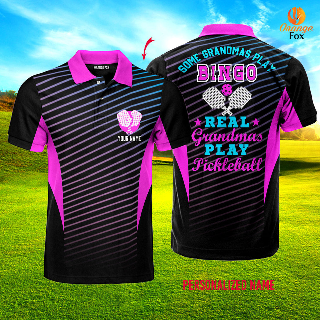 Real Grandmas Play Pickleball Pink And Black Custom Name Polo Shirt For Men & Women