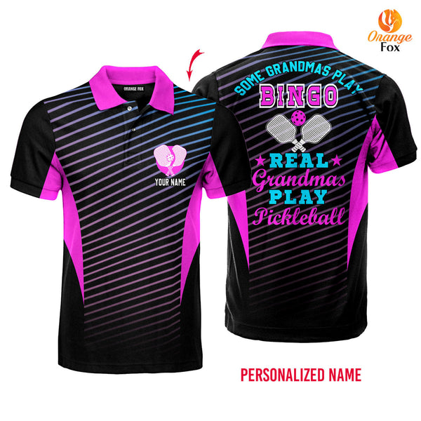 Real Grandmas Play Pickleball Pink And Black Custom Name Polo Shirt For Men & Women
