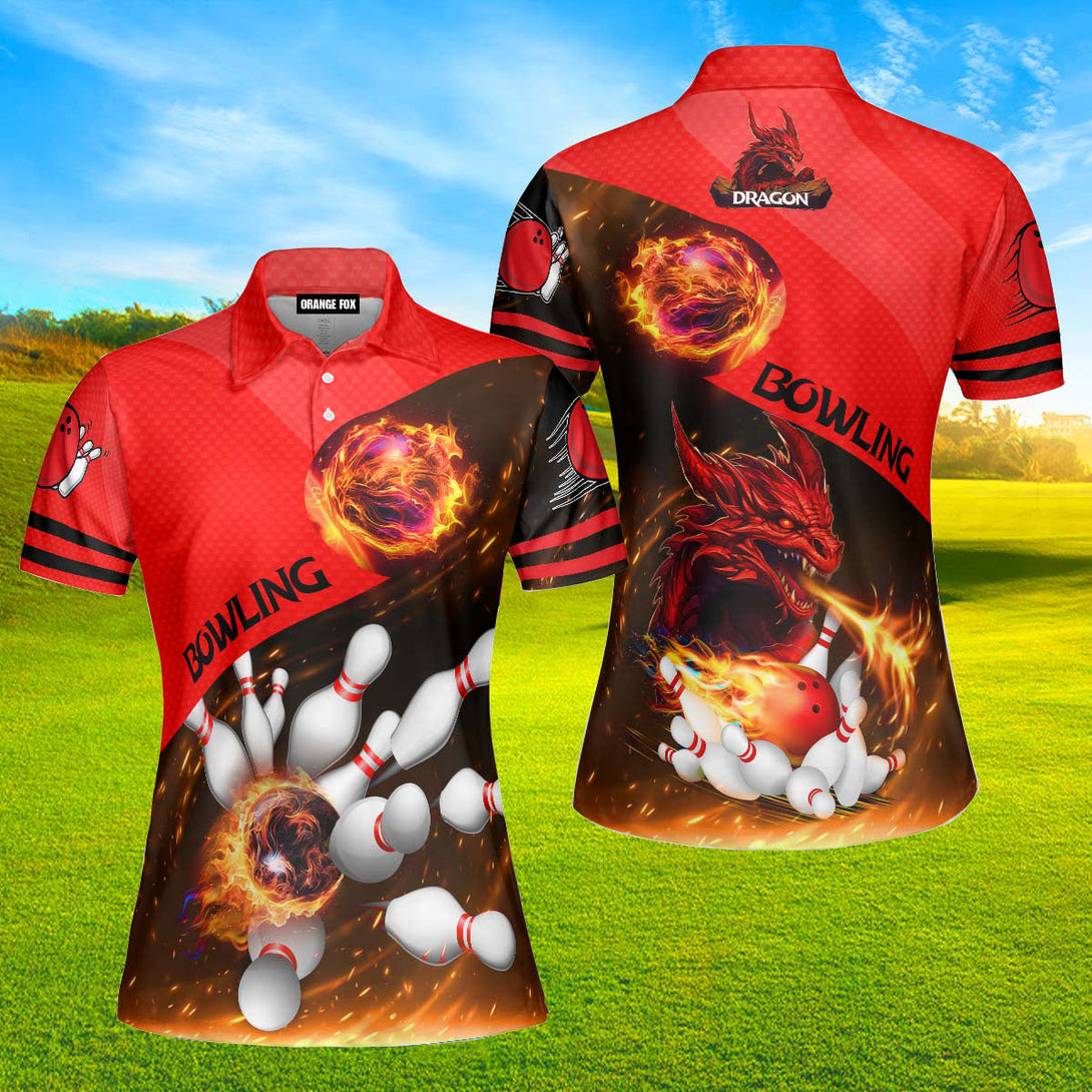 Red Fire Bowling Ball Dragon Polo Shirt For Women