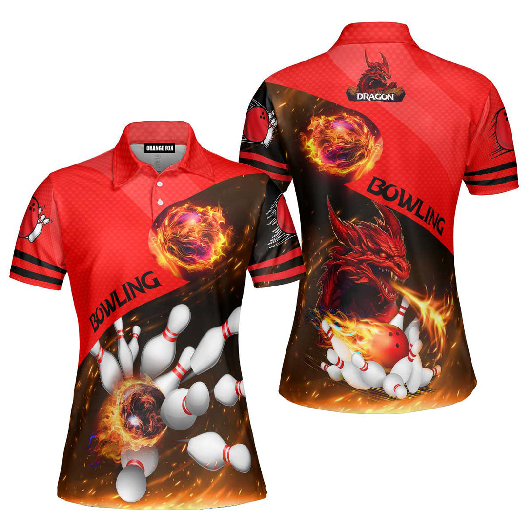 Red Fire Bowling Ball Dragon Polo Shirt For Women