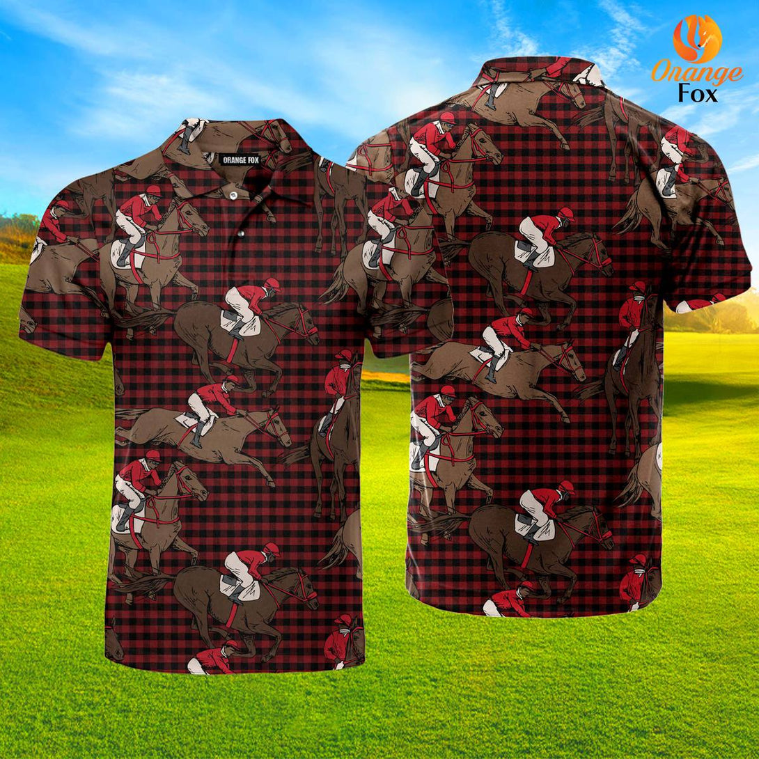 Red Plaid Amazing Horse Riding Polo Shirt For Men