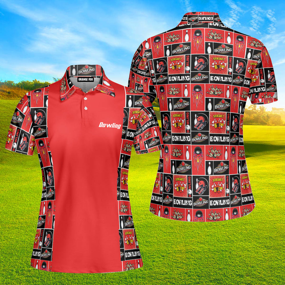 Red Retro Bowling Strike Polo Shirt For Women