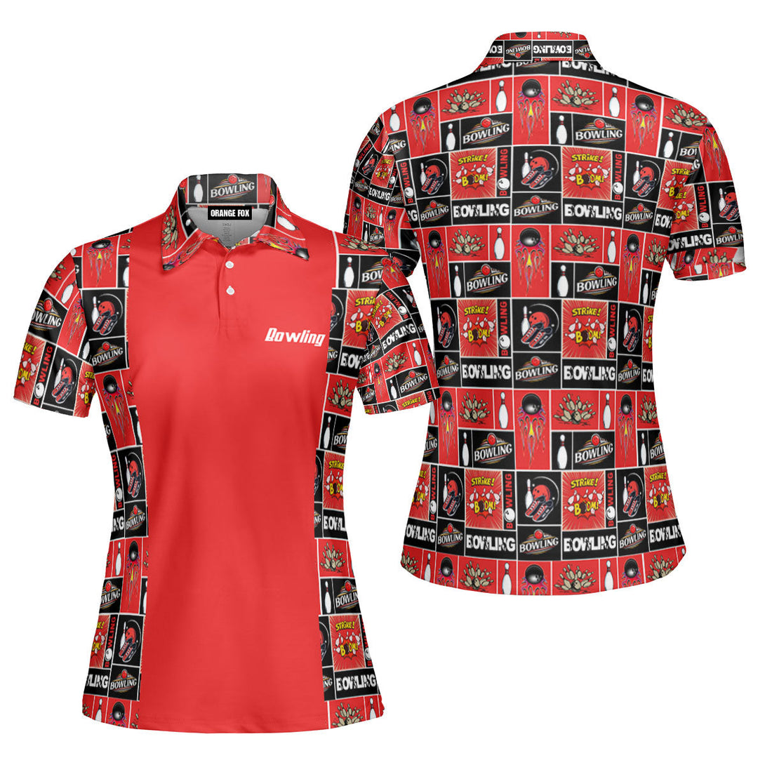 Red Retro Bowling Strike Polo Shirt For Women