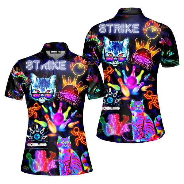 Rolling With My Homies Cats Bowling - Gift for Bowling Lovers, Cat Lovers - Neon Cat Bowling Polo Shirt For Women