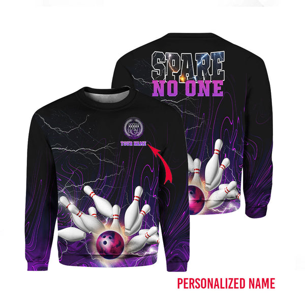 Spare No One Purple Bowling Purple Custom Name Crewneck Sweatshirt For Men & Women