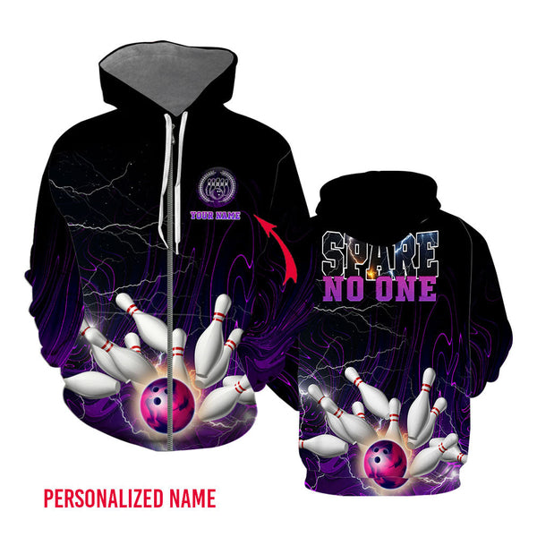 Spare No One Purple Bowling Purple Custom Name Zip Up Hoodie For Men & Women