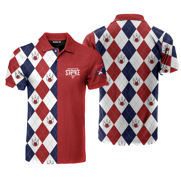 Strike Bowling - Gift for Bowling Lovers - Red Argyle Bowling Pattern Polo Shirt For Men