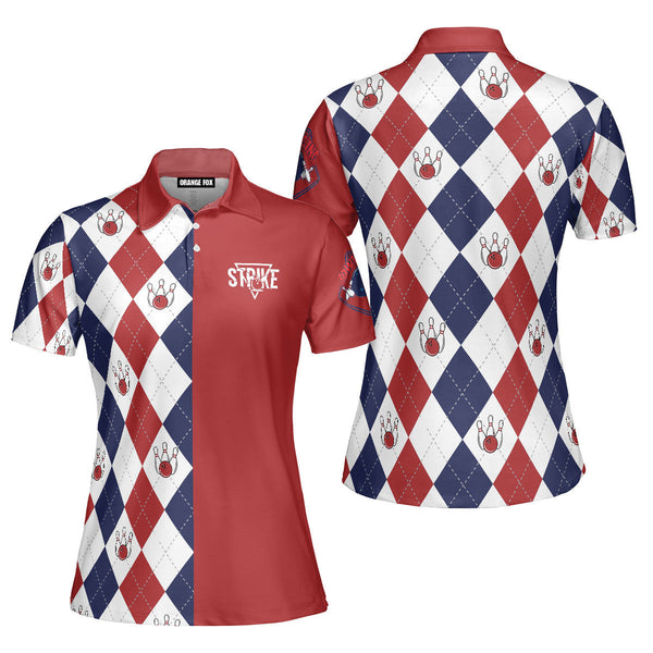 Strike Bowling - Gift for Bowling Lovers - Red Argyle Bowling Pattern Polo Shirt For Women