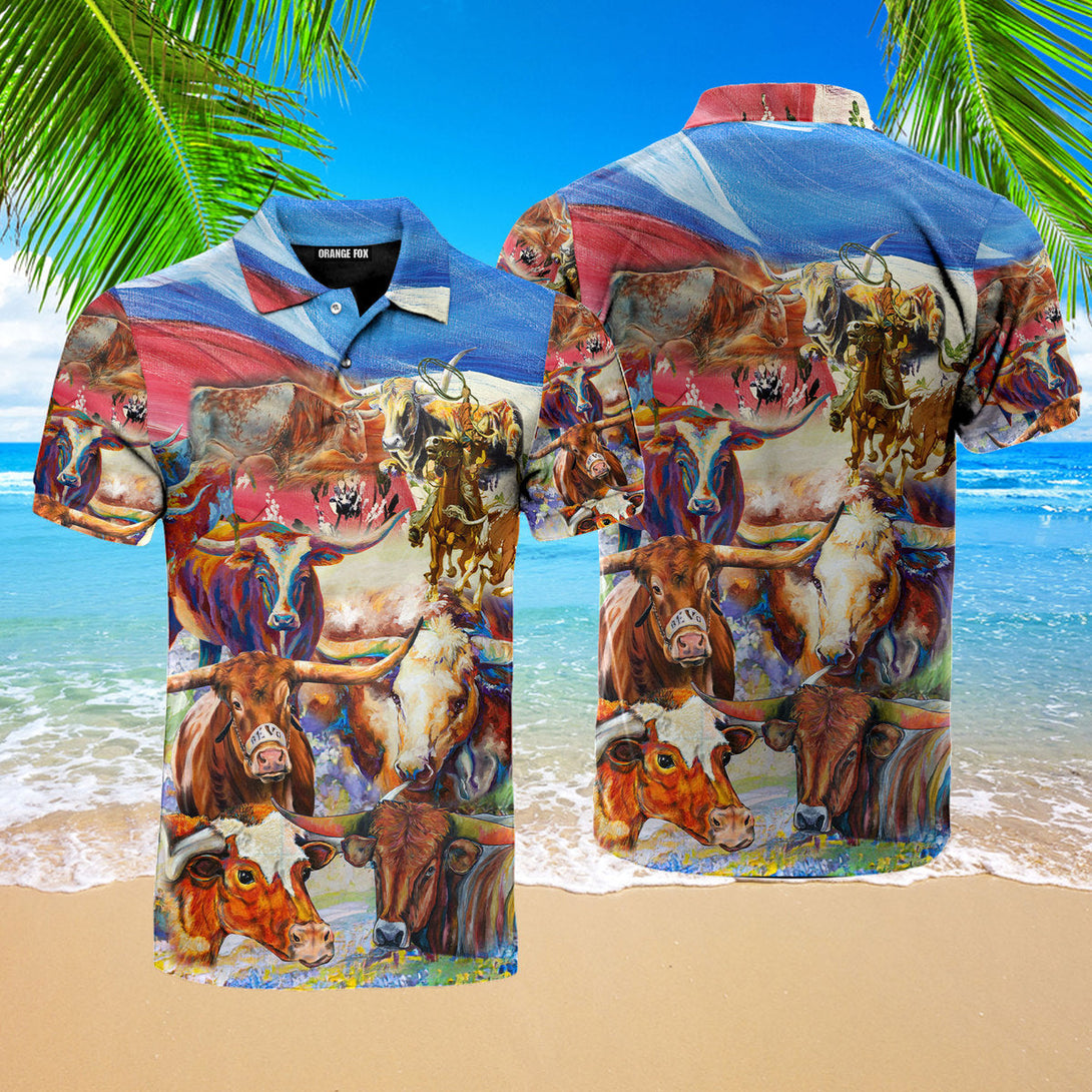 Texas Cowboy And Cows - Gift for Horse Racing Lovers, Texan - Colorful Watercolor Polo Shirt For Men