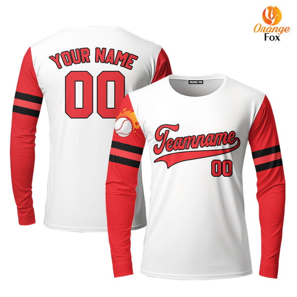 Texas Fire Baseball White Red Black Custom Long Sleeve T-Shirt For Men & Women
